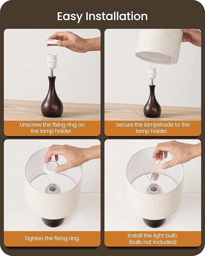 Small Table Lamp, 14.2" Cute Little Desk Lamp, Wood Bedside Lamp with Linen Lampshade, Modern Nightstand Lamp for Bedroom, E26 Base, Bulb Not Included, Beige & Dark Walnut STE09TL05