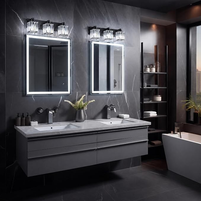 Modern Bathroom Vanity Light, 3-Light K9 Crystal Bathroom Lighting Fixtures Over Mirror, Black Vanity Light with Square Shade