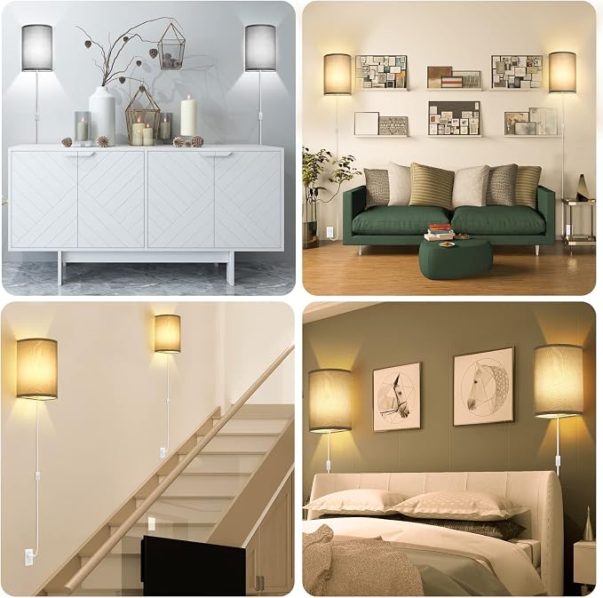 Wall Sconces Set of Two, Fabric Shades Plug in Wall Sconces | 3 Color Temperature Switching Wall Light Fixtures, Wall Lamp with Plug in Cord, On/Off Switch Wall Lights for Bedroom (Grey)