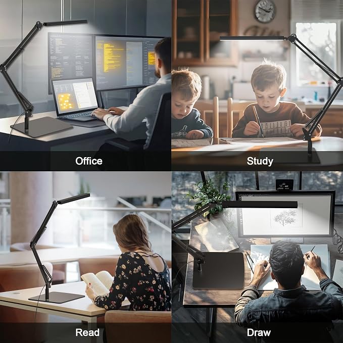 TROPICALTREE LED Desk Lamp for Home Office and Round Base, Clamp-On with 5 Light Modes & Auto Shut Off | 14W Adjustable Brightness 5000K Eye-Caring Lighting for Study/Bedroom/Computer Desk