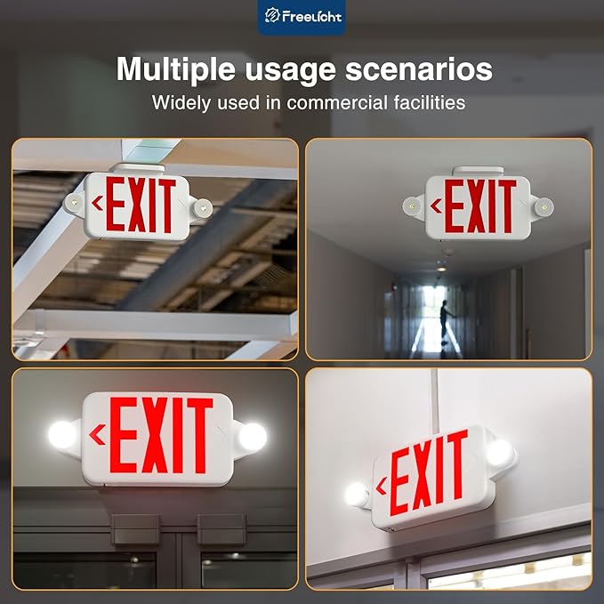 FREELICHT 12 Pack Red Led Exit Signs with Emergency Lights Combo Adjustable Two Heads,Battery Backup Exit Light, Hard Wired,UL Listed,AC 120/277V