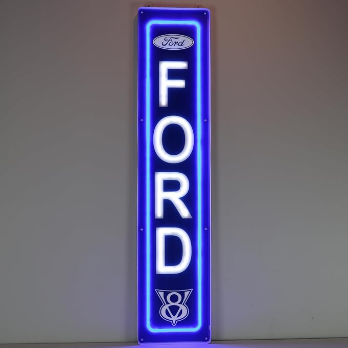 Ford Vertical Led Flex-Neon Sign In Steel Can by Neonetics, officially licensed product OLP by Ford Motor Company, bright blue and white lighted tubes, measures 10 inches wide by 47 inches tall - sku 29VTFRD
