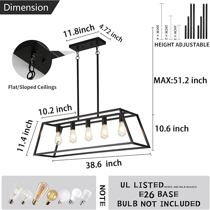 Farmhouse Rectangle Chandeliers for Dining Rooms, Modern Linear Hanging Light Fixture Matte Black 5-Light Industrial Pendant Lighting for Kitchen Island