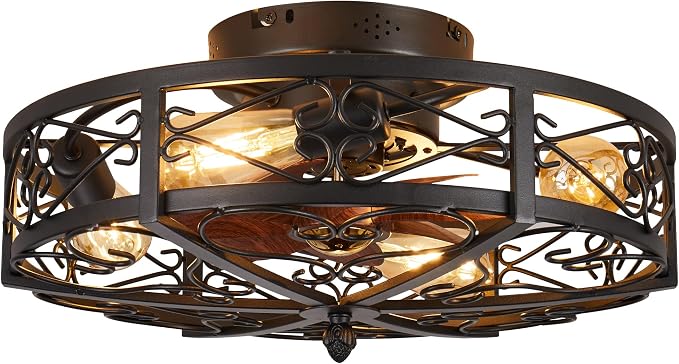 Rustic Black Caged Flush Mount Ceiling Fans with Lights and Remote Vintage Low Profile Bladeless Ceiling Fan, Reversible Motor, E26 Bulbs, 6 Speeds,for Farmhouse, Living Room, and Bedroom