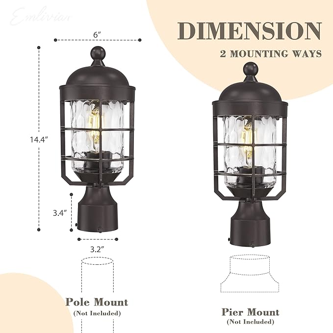 Emliviar 14.4 Inch Oil Rubbed Bronze Pole Lantern Lighting Fixture, Set of Two Water Ripple Glass Outdoor Light Posts for Patio and Pathway, GE255P-L-2 ORB-WG