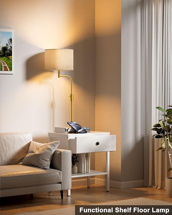 Lightdot 58IN Floor Lamps with End Table Attached, Dimmable Floor Lamp Side Table with Drawers& Bulb Included, 350° Rotatable Modern Standing Lamps for Bedroom/Sofa Beside/Corner Decor-White