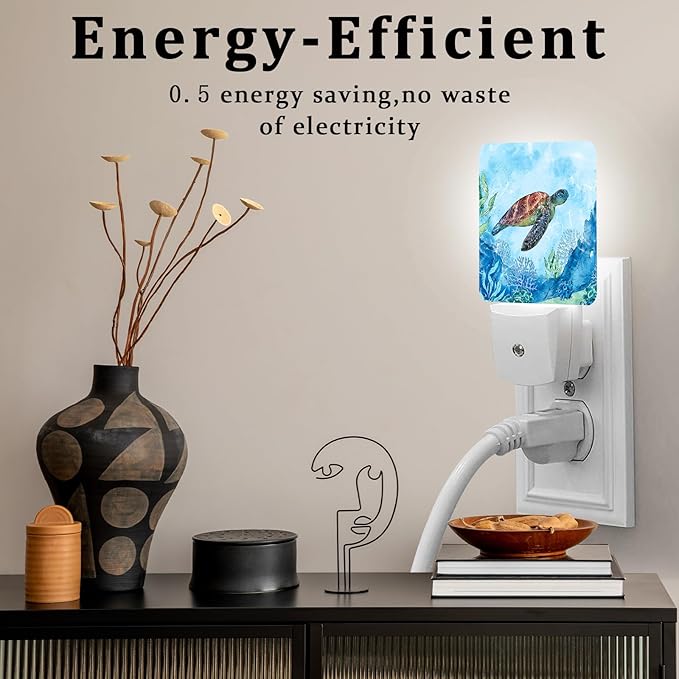 Watercolor Turtle Night Light, Plug-into Wall Nightlight Lamp with Dusk to Dawn Sensor, Led Lamp 0.5W Energy Efficient for Boys Girls Adults Home Decor