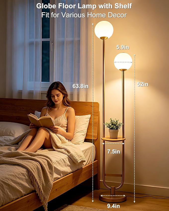 Lightdot 2 Globe Gold Floor Lamp with Table Mid Century Standing Lamps with 3000K LED Bulbs Unique U-Pole Vintage Tall Floor Lamp with 5Lbs Heavy Base for Living Room/Bedroom/Wedding/Party/Home Decor