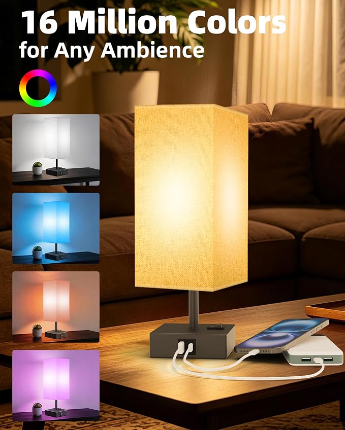 Set of 2 Smart RGB Dimmable Table Lamp Work with Alexa&APP&Remote Control | Bedside Desk Lamp with Charging Ports&Phone Stand, Music Sync Nightstand Lamp for Bedroom Living Room Office Dorm, Gray