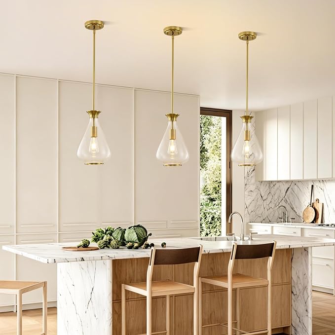 2 Pack Modern Pendant Lights Kitchen Island,Brushed Gold Pendant Light Fixtures with 8.5" Clear Air Bubble Glass Shade,Industrial Hanging Pendant Lights Fixture for Kitchen Island Dining Room Entryway