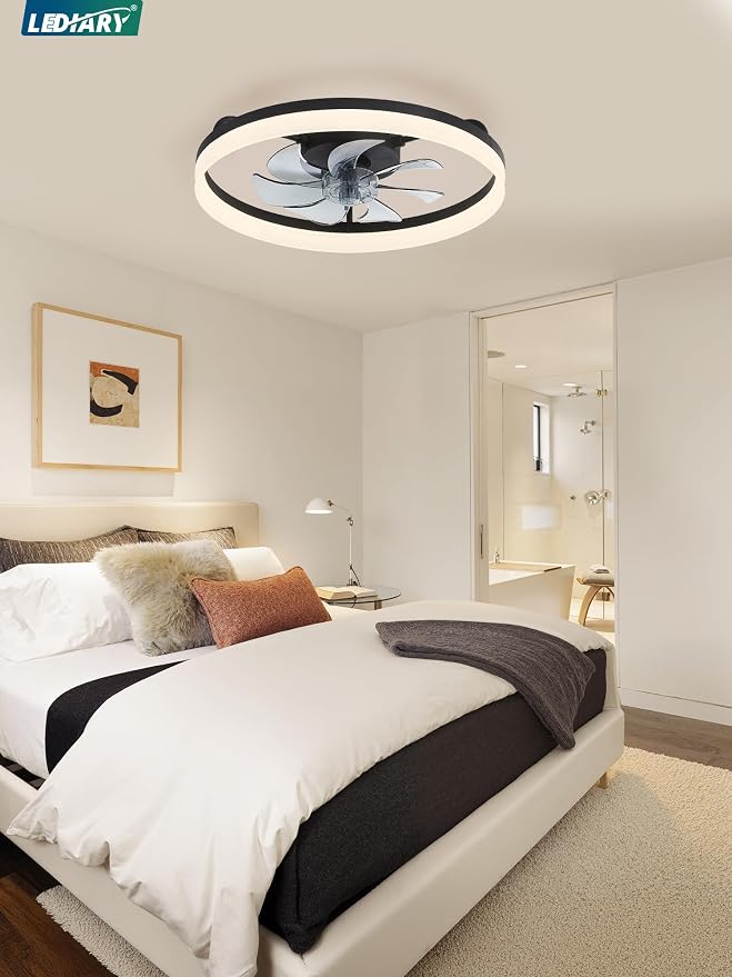 LEDIARY 20" Low Profile Ceiling Fans with Lights, APP & Remote, Black | Flush Mount, Dimmable LED, Quiet DC Motor, Reversible, 6 Speeds, Fandelier, for Bedroom