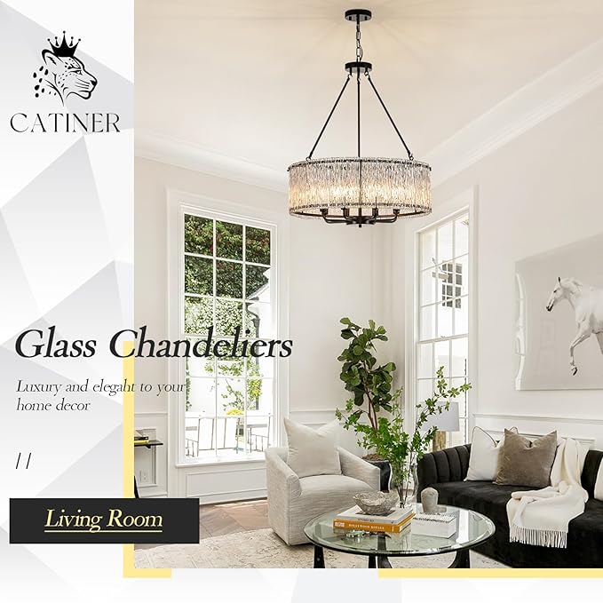 Modern Drum Chandelier 24.4" Black Crystal Glass Chandeliers 8-Light Luxury Ceiling Pendant Lighting Fixture for Dining Room Foyer Living Room Bedroom