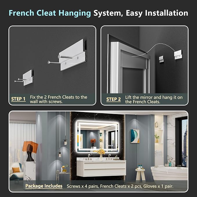 48x32 LED Bathroom Mirror, Backlit & Front Lit Lighted Mirror | Anti-Fog Vanity Mirror with Lights, 3 Color Dimmable, Memory, HD Tempered Glass, CRI95, IP54, UL Listed, Horizontal/Vertical