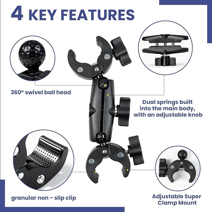 Double Ball Head Camera Clamp - Adjustable Mounting Bracket with Pliers-Style Grips for Photo Studio Equipment, Light Stands, Reflectors, Monitors, and Golf Cart Crossbars(6-9inch)
