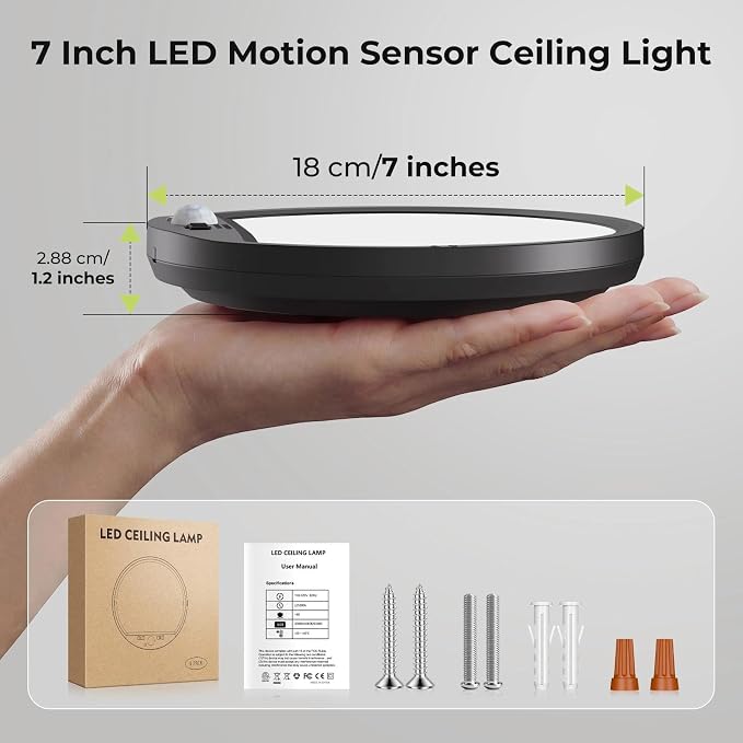 hepside 2 Pack Motion Sensor Ceiling Light Wired, 3000K/4000K/6500K LED Flush Mount Ceiling Light Fixture, 7Inch 15W Motion Sensor Light with Timer for Closet Stair Porch Hallway Pantry,Black