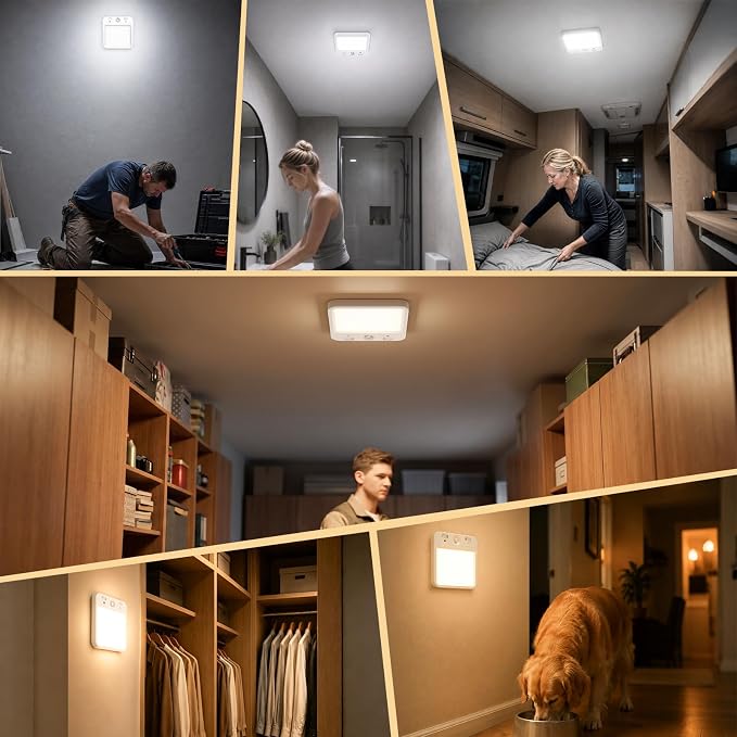TANBABY Rechargeable Motion Sensor Ceiling Light, Wireless Remote, 4-Pack | Wireless LED Shower Light, 8000mAh Battery Long Lasting Closet Light, 3 Color Dimmable, Timer, No Wiring for Hallway Pantry
