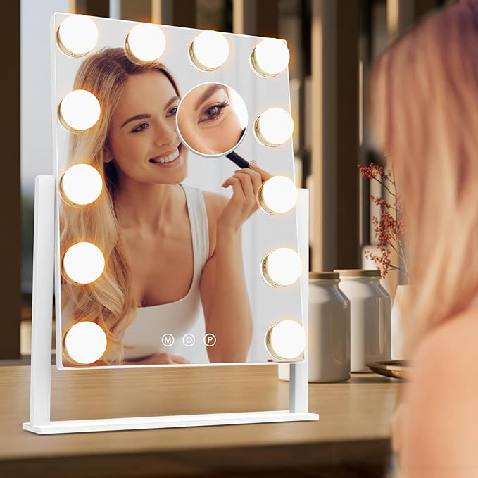 Dirket Vanity Mirror with Lights, Hollywood Lighted Makeup Mirror with 3 Color Lighting Modes and 12 Dimmable Bulbs, Detachable 5X Magnification, Smart Touch Control, 360°Rotation, White