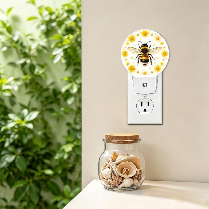 Nightlight Honey Bee Plug-in Night Lights Dusk to Dawn | Sweet Yellow Night Light LED Round Lamp with Auto on/off Sensor for Kitchen Hallway Bedroom Bathroom