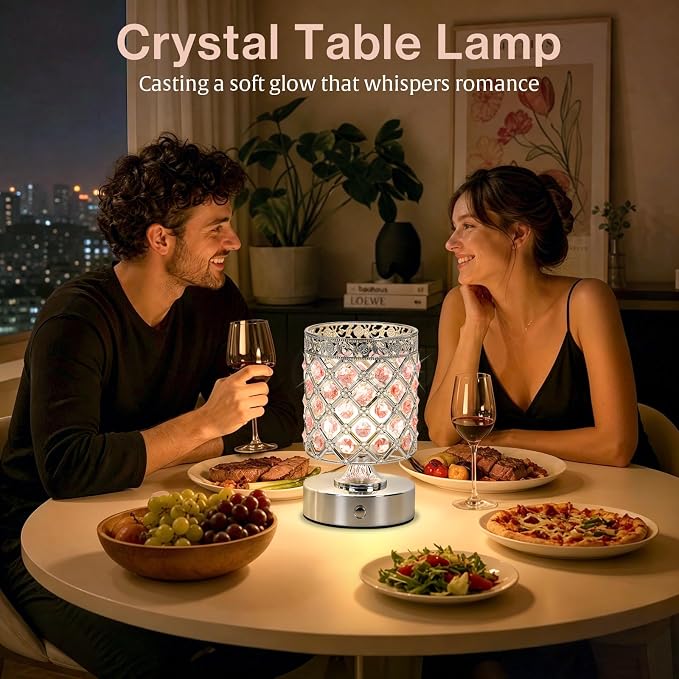 Pink Crystal Rechargeable Cordless Table Lamp, Touch Small Desk Lamp | 6000mAh Battery, 3 Color Temps, Stepless Dimming, USB Charging, Portable Wireless Night Light for Bar Bedroom Living Room