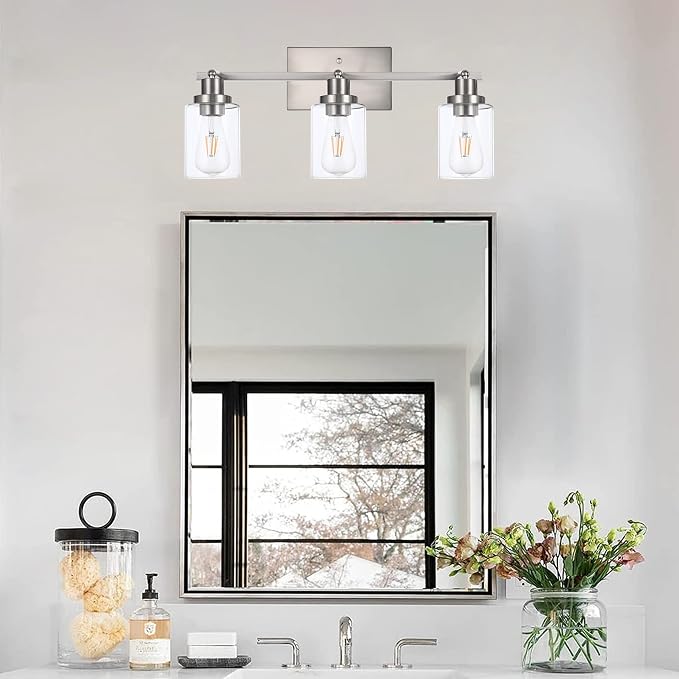 MELUCEE 3 Light Bathroom Vanity Light Brushed Nickel Track Lighting Ceiling | Wall Light Fixtures with Rotatable Track Head for Hallway Porch Foyer Bath Storage, 20.5 Inch, Clear Glass Shade