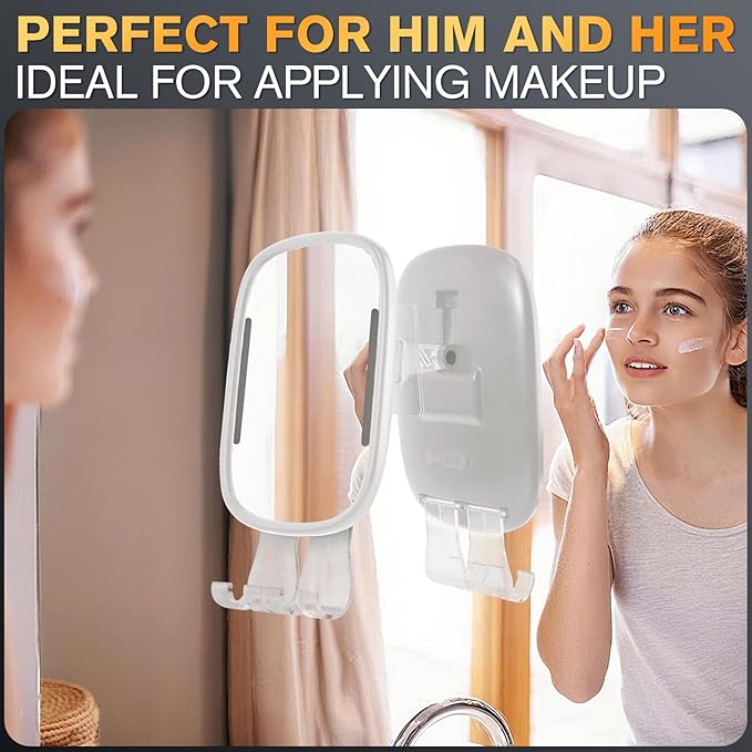 Heated Shower Mirror Fogless for Shaving with Light, Rechargeable Battery, Detachable Adhesive Hook & Razor Holder, NO-Drilling Waterproof Anti-Fog Mirror, Gift for Men(White)
