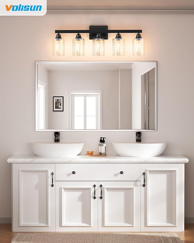 VOLISUN Matte Black Bathroom Light Fixtures, 5-Light Bathroom Vanity Light Over Mirror, Modern Vanity Lights for Bathrooms, Bathrooms Lights Fixtures Over Mirror with Clear Glass Shades
