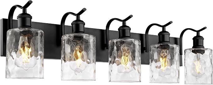 5-Light 34 Inch Bathroom Vanity Light,Hammered Glass,Black | Over Mirror Wall Light,E26 sockets,for bathroom mirror,powder room,dressing area,wall-mounted vanity lighting
