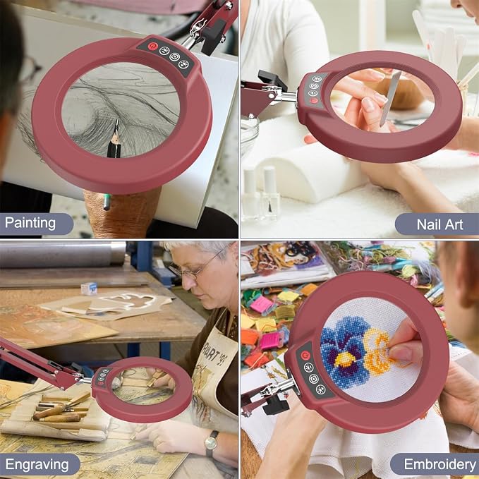 12X Magnifying Glass with Light and Stand, Upgrade Button 5 Color Modes Stepless Dimmable, 2-in-1 LED Lighted Magnifier Light, Hands Free Desk Lamp with Clamp for Craft Hobby Close Work - Red