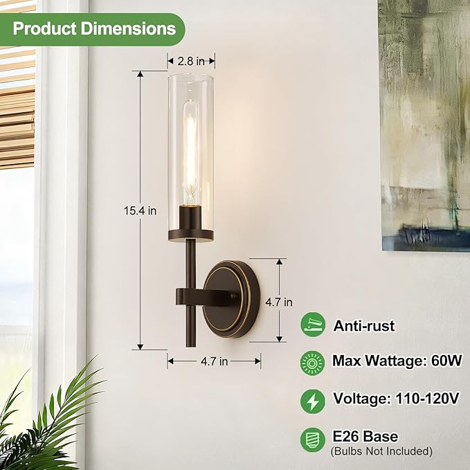 Wall Sconces Set of Two, Brown and Gold Bathroom Sconces with Clear Glass, Hardwired Sconces Wall Decor Set of 2, Modern Wall Light Fixtures for Bathroom Mirror Living Room Bedroom Hallway