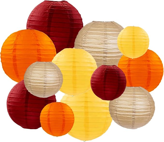 ZOOYOO Fall Paper Lanterns,Red Brown Yellow Round Hanging Paper Lanterns Decoration for Birthday,Wedding,Harvest,Thanksgiving Party,Home,Garden Decoration 12PCS