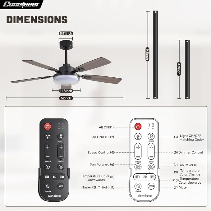 52 Inch Ceiling Fans with Lights and Remote, Bedroom Living Room Kitchen Office, 5CCT Dimmable,Dual Color 5 Blades, 6 Speed Reversible Quiet DC Motor, Double-Layer Lampshade, Black/Wood Grain