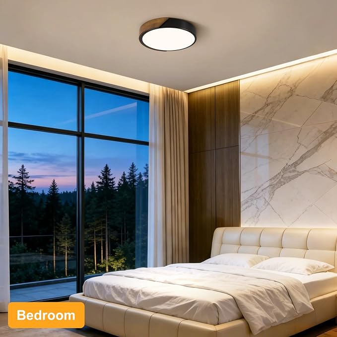 Modern LED Ceiling Light, Brown Walnut Wood Flush Mount Ceiling Light Fixture, Dimmable 5CCT Minimalist Circle Lighting Lamp with Acrylic Lampshade for Bedroom Laundry Room Hallway 11.8"
