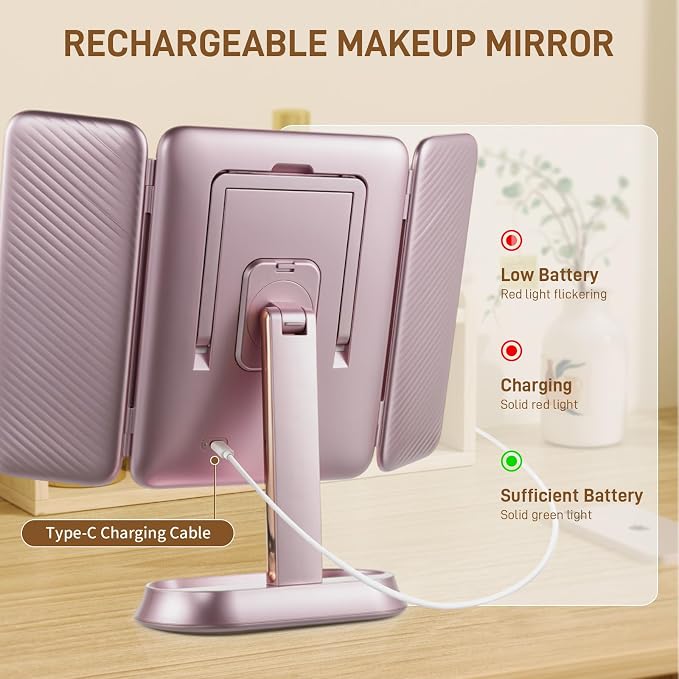 FRANO Lighted Makeup Mirror with 1X/3X/5X Magnification, Rechargeable Trifold Mirror, Smart Sensor & 3 Light Colors, Portable Cosmetic Vanity Mirror for Women - Metallic Purple