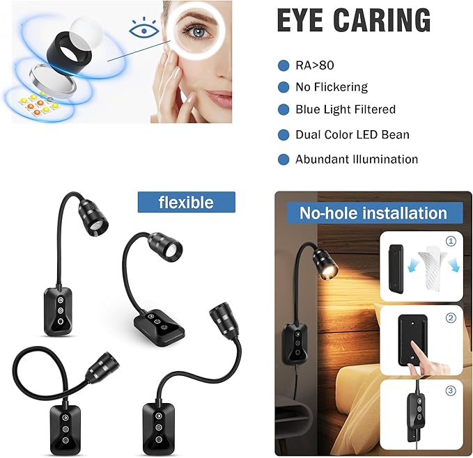 2 Pack Wall Mounted Headboard Reading Light, LED Dimmable Touch Control, Adjustable Neck, Ideal for Bedside, Office, or Reading(White)