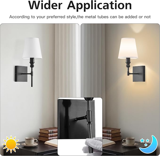 Vintage Bathroom Wall Sconce,Hardwired Bedside Wall Sconces Set of 2,Black Bathroom Light Fixture with White Fabric Shade for Bedroom Living Room Hallway Farmhouse,Convertible Height,E12 Base