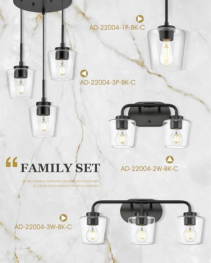 3-Light Matte Black Bathroom Light Fixtures, AD-22004-3W-BK-C | Bathroom Vanity Lights Over Mirror with Clear Glass, Modern Vanity Lighting Fixtures