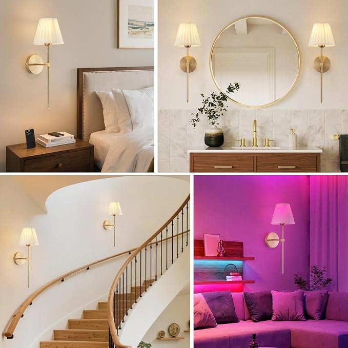 Cordless Battery Operated Wall Sconces Set of 2, Rechargeable Wall Sconce with Remote, Fabric Shade Wireless Wall Sconce Fixtures for Bedroom, Living Room, Bedside (2 Bulbs Included)