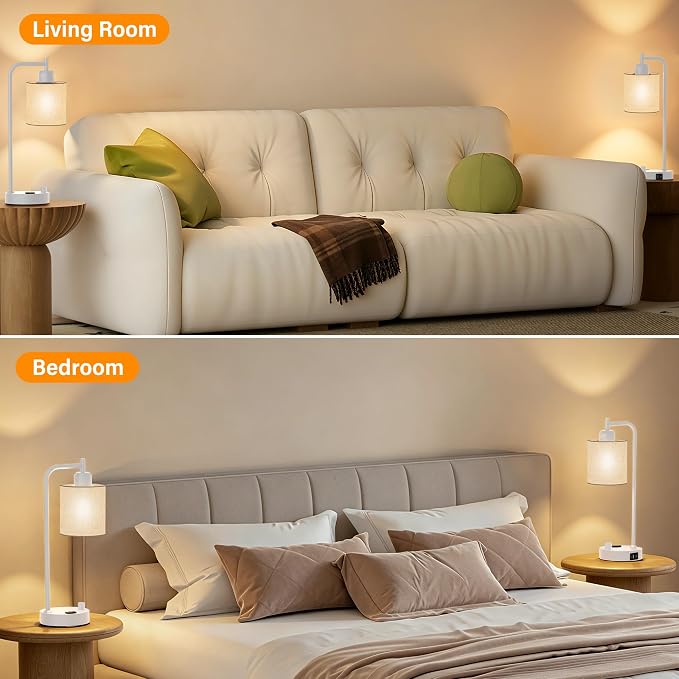 Industrial Table Lamps with Linen Shade, Set of 2 Fully Dimmable Bedside Lamps with USB A+C Ports and Outlet, White Nightstand Desk Lamps for Bedrooms Living Room Office, 2 LED Bulbs Included