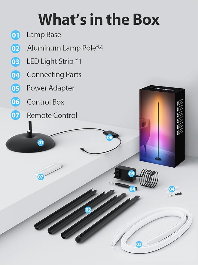 LED Corner Floor Lamp, Smart RGB Corner Lamps for Living Room | APP & Remote Control, Dimmable 16 Million Color Changing & 213 Scenes, Music Sync, Standing LED Lights for Bedroom - Black