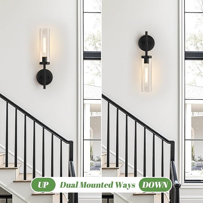 MOKATNG Hardwired Wall Sconces, Matte Black Bathroom Sconces with Clear Glass, Modern Wall Light Fixtures for Bathroom Mirror Vanity, Living Room, Bedroom, Hallway, Stairway, Cabinet, Foyer
