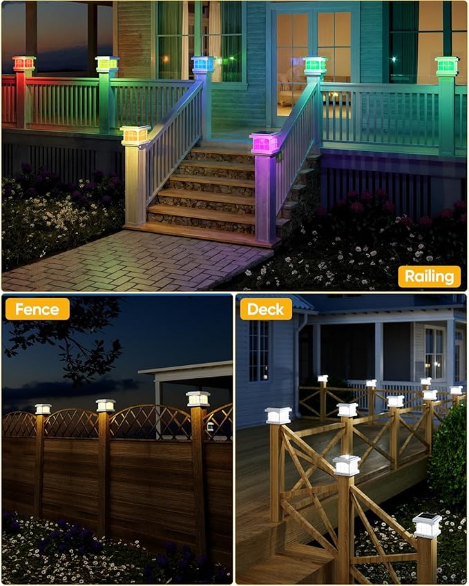 PARTPHONER RGBCW Solar Post Cap Lights 2-Pack, 9 Colors 3 Modes Fence Cap Lights, Bright Solar Outdoor Waterproof LED Deck Lighting for Fence Garden Deck Patio Porch Decor 4x4 Vinyl/Wood, White
