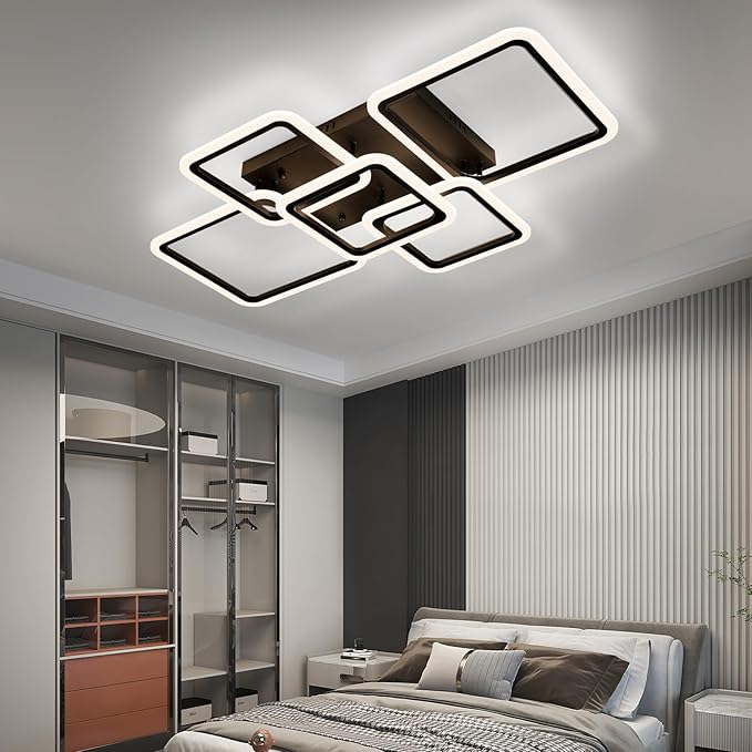 Smart LED Ceiling Light, 5-Square Flush Mount Ceiling Fixture, 95W Dimmable Acrylic Light with Remote, WiFi Alexa & App Control for Bedroom Living Room Dining Room (Black)