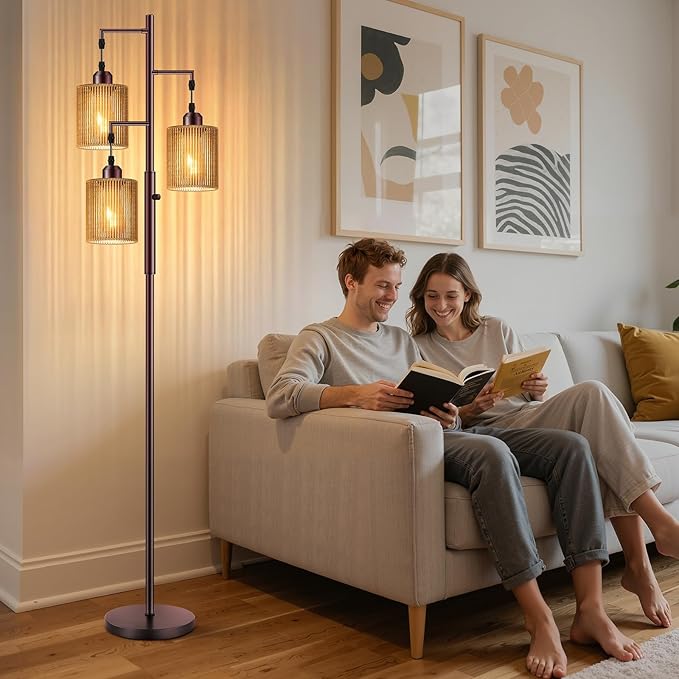 Hotsonic 72" Rattan Boho Floor Lamp, Tall Dimmable Standing Lamp with Handcrafted Brown Shades, Industrial Tree Floor Lamps for Living Room, Bedroom, Study Room, Office (3 x 800LM LED Bulbs Included)