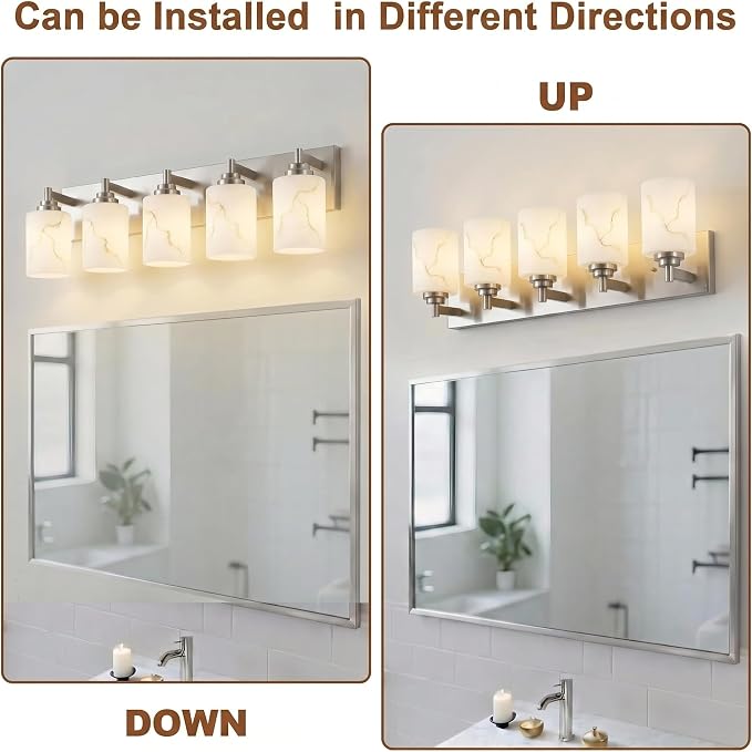 5-Light Bathroom Light Fixture, Brushed Nickel Modern Vanity Light with White Marble Glass Shade, for Bathroom Mirror, Living Room, Bedroom, Hallway, E26 Base, Extended Base
