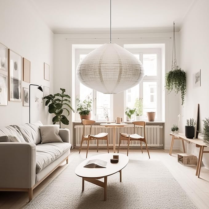 Hanging Lamp shade Oval 20INCH White Linen Pendant Light shade | Can replace paper lantern Handmade Minimalist Hanging Lantern Suitable for the Living room Hallway Bedroom and Kitchen
