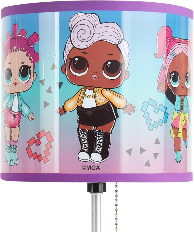 LOL Surprise Kids Stick Table Lamp,Pull Chain On/Off with Themed Printed Decorative Shade, Bedroom & Playroom Lighting