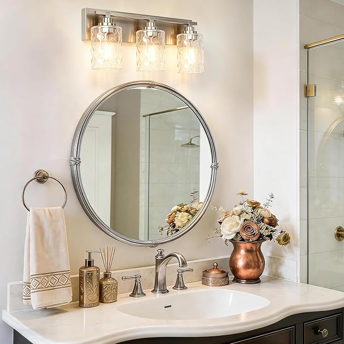 Modern Bathroom Lighting Fixtures Over Mirror, Vanity Lights for Bathroom, Wall Sconces with Clear Glass Shades, E26 Ceramic Socket, 3-Light 19.7-inch Brushed Nickel