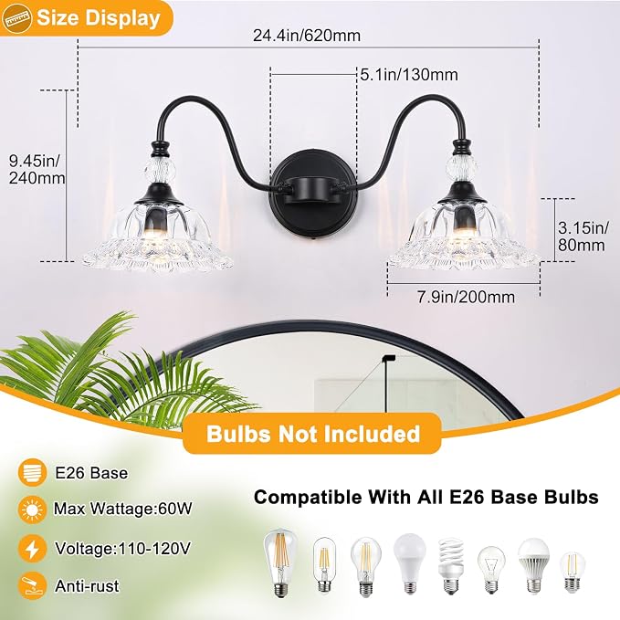 Farmhouse Bathroom Vanity Light Fixtures 2 Lights Matte Black Vanity Lights for Bathroom with Floral Crystal Glass Shade Wall Lighting Fixtures Over Mirror(Exclude E26 Bulb)