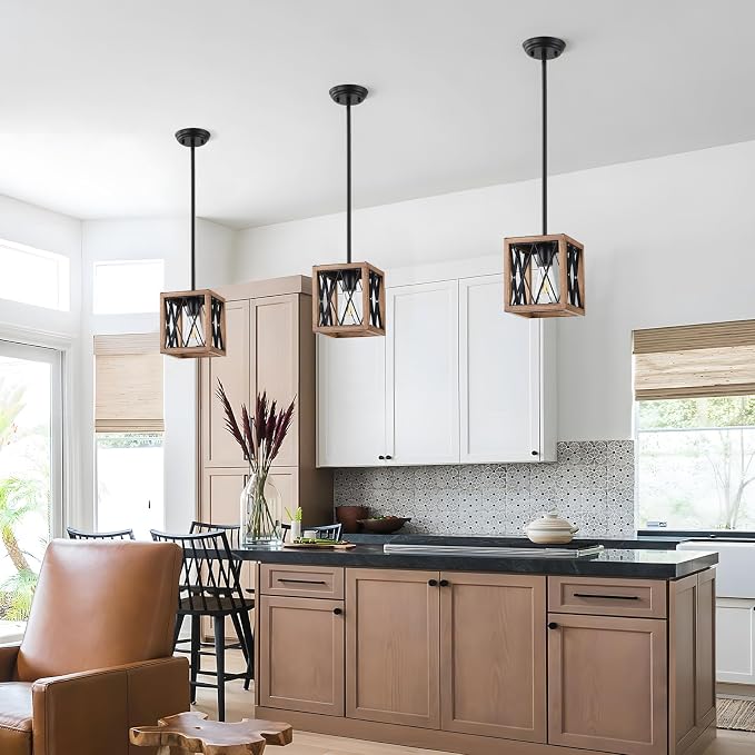 KEESFU Farmhouse Pendant Light, 1 Light Metal Cage Hanging Light with Wooden Grain Finish,Height Adjustable Kitchen Island Lighting,Pendant Lighting for Kitchen Island Hallway Foyer.2 Pack.