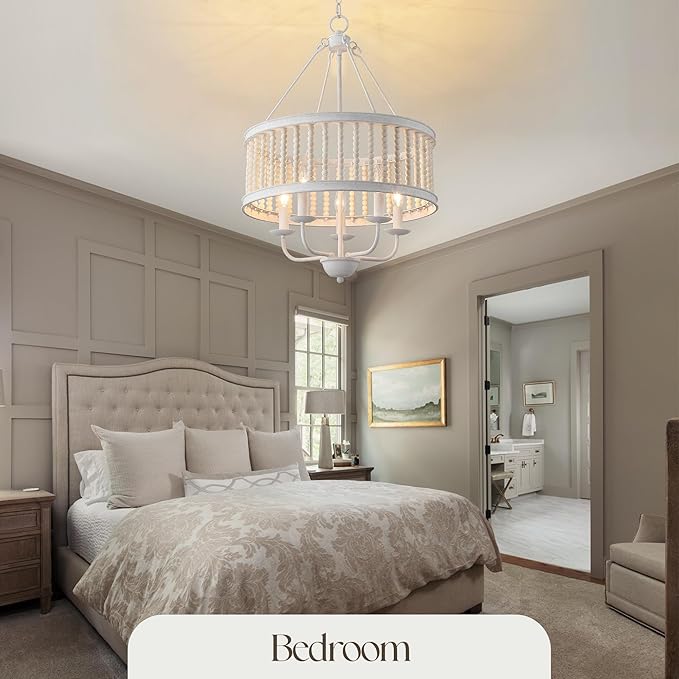 Drum Pendant Chandelier, Boho Wood Beaded Distressed Farmhouse Chandeliers for Entryway Dining Room, Vintage Handmade Chandelier Retro Antique White Lighting fixtures Hanging 5-Light W19.7